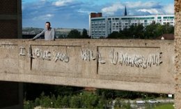 A bridge too far: Jason, next to the neon version of his original message.