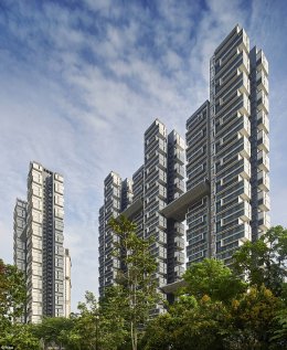 There are 960 apartments in Sky Terrace, an apartment complex in the Soo Khian Chan area of Singapore. The five residential towers were designed with energy-efficient living and social interaction in mind. There is a rainwater harvesting system, drip irrigation and solar panels